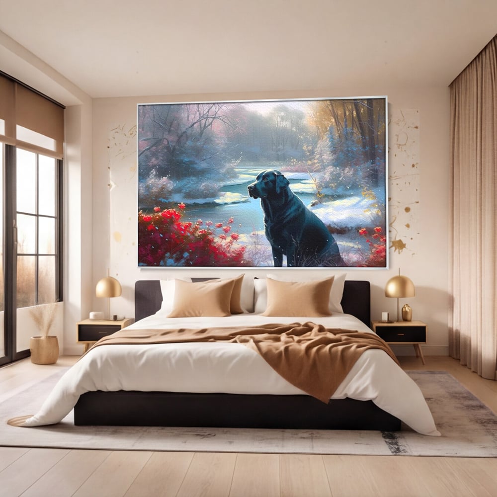 Tablou Canvas Premium, LuxCanva® M1266, Sub Mantia Zapezii, Labrador, Caine, Iarna, Anotimp, Zapada, Flori, Vegetatie, Copaci, Prieten, Peisaj, Lumina, Birou, Living, Camera Copil
