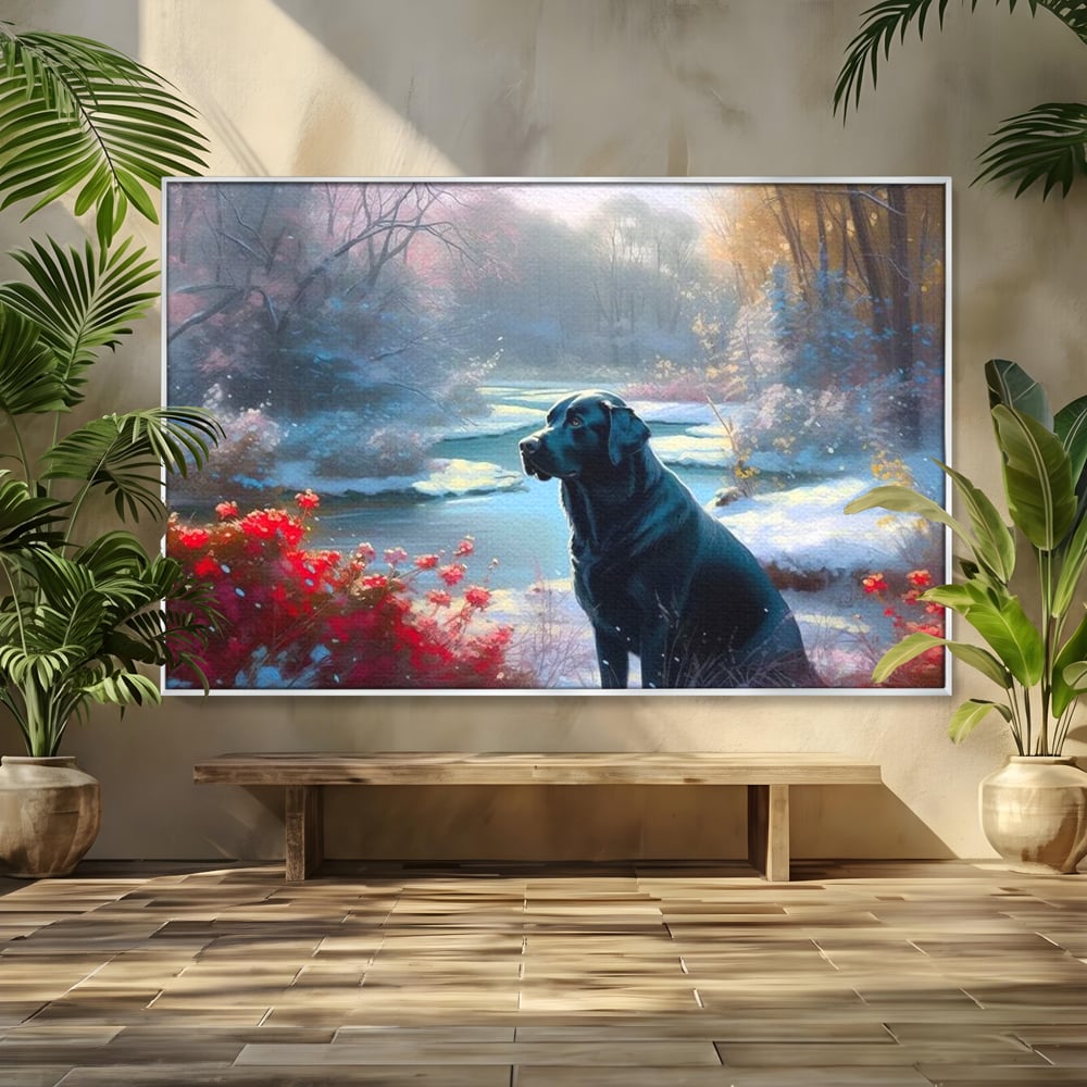 Tablou Canvas Premium, LuxCanva® M1266, Sub Mantia Zapezii, Labrador, Caine, Iarna, Anotimp, Zapada, Flori, Vegetatie, Copaci, Prieten, Peisaj, Lumina, Birou, Living, Camera Copil