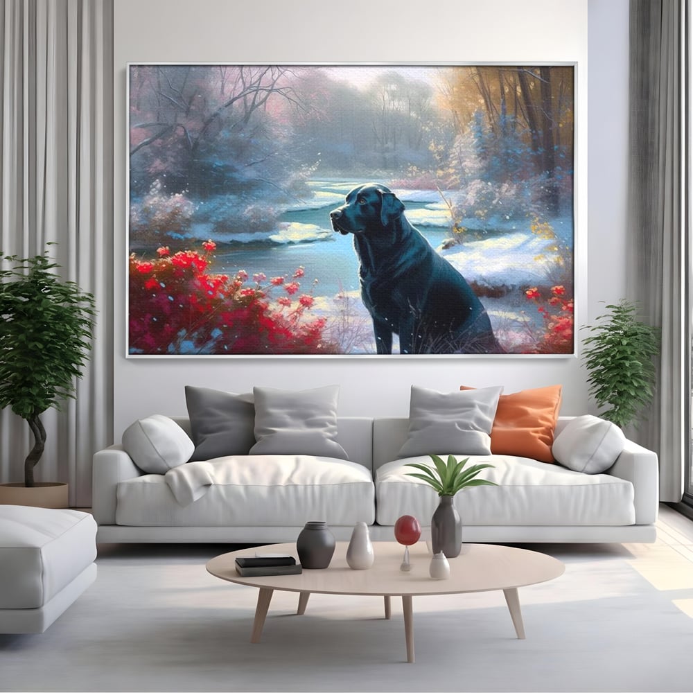 Tablou Canvas Premium, LuxCanva® M1266, Sub Mantia Zapezii, Labrador, Caine, Iarna, Anotimp, Zapada, Flori, Vegetatie, Copaci, Prieten, Peisaj, Lumina, Birou, Living, Camera Copil