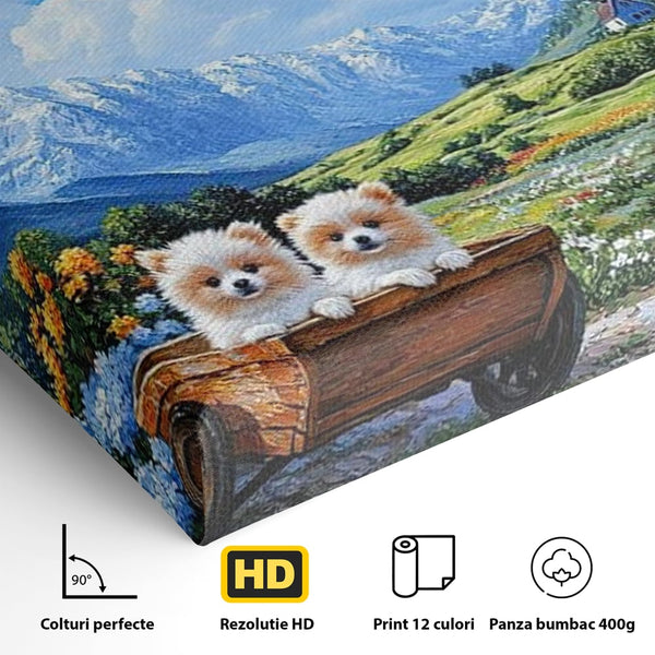 Tablou Canvas Premium, LuxCanva® M1267, Doi Drumeti Pufosi, Catei, Peisaj, Rustic, Vara, Nori, Poiana, Flori, Carare, Fericire, Prietenie, Pufosenii, Dragalas, Birou, Living, Camera Copil