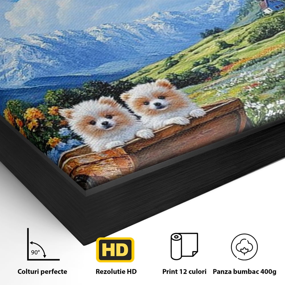Tablou Canvas Premium, LuxCanva® M1267, Doi Drumeti Pufosi, Catei, Peisaj, Rustic, Vara, Nori, Poiana, Flori, Carare, Fericire, Prietenie, Pufosenii, Dragalas, Birou, Living, Camera Copil