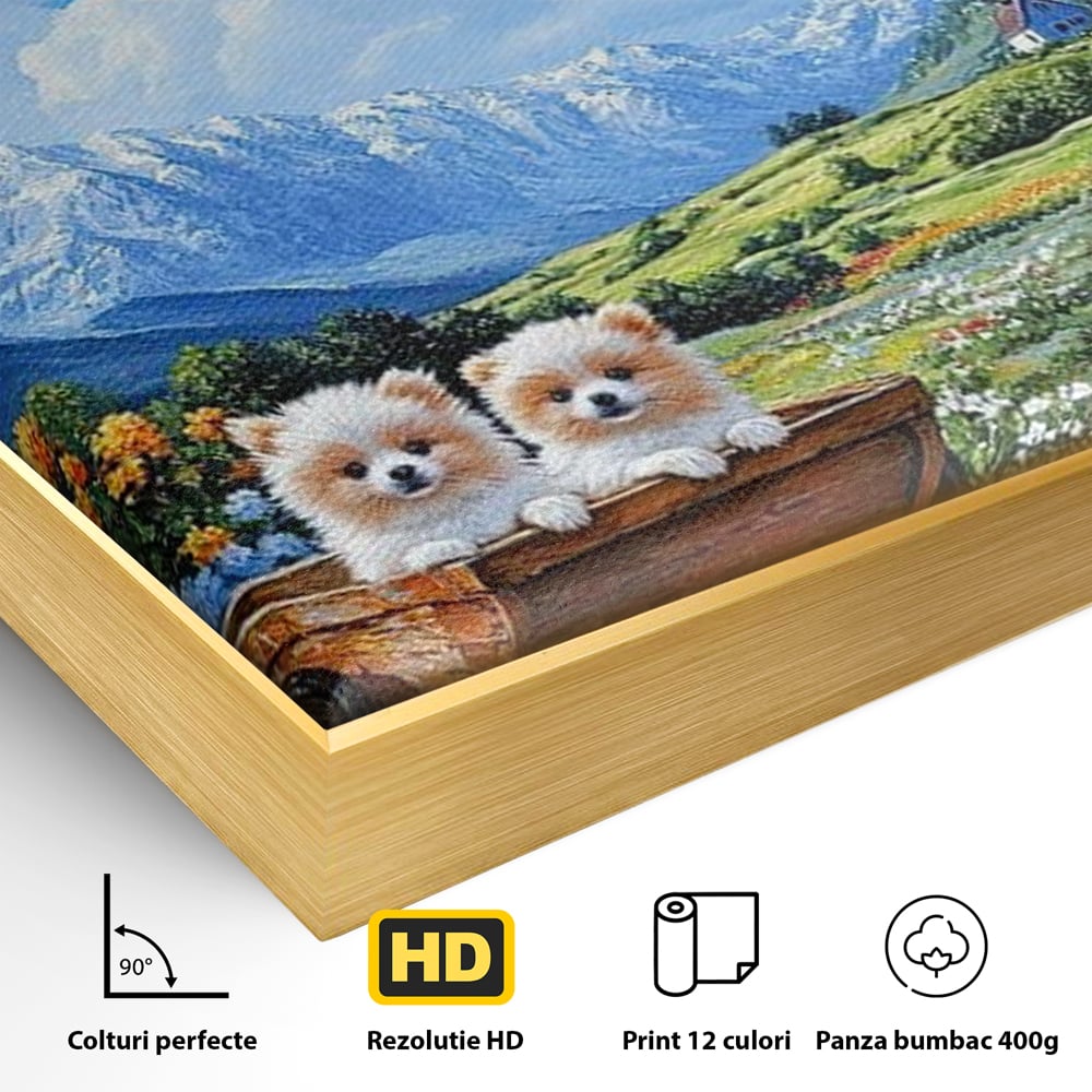 Tablou Canvas Premium, LuxCanva® M1267, Doi Drumeti Pufosi, Catei, Peisaj, Rustic, Vara, Nori, Poiana, Flori, Carare, Fericire, Prietenie, Pufosenii, Dragalas, Birou, Living, Camera Copil