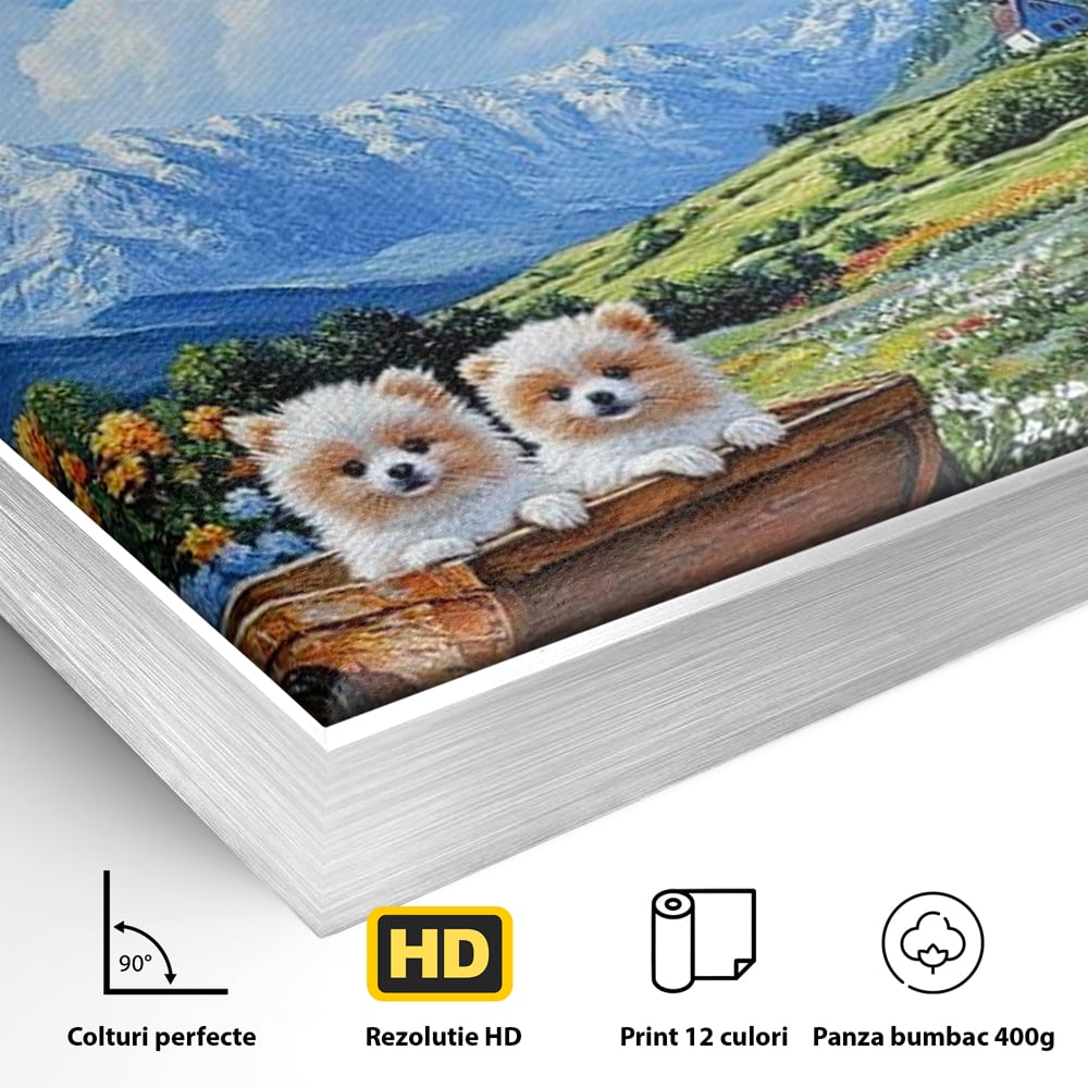 Tablou Canvas Premium, LuxCanva® M1267, Doi Drumeti Pufosi, Catei, Peisaj, Rustic, Vara, Nori, Poiana, Flori, Carare, Fericire, Prietenie, Pufosenii, Dragalas, Birou, Living, Camera Copil