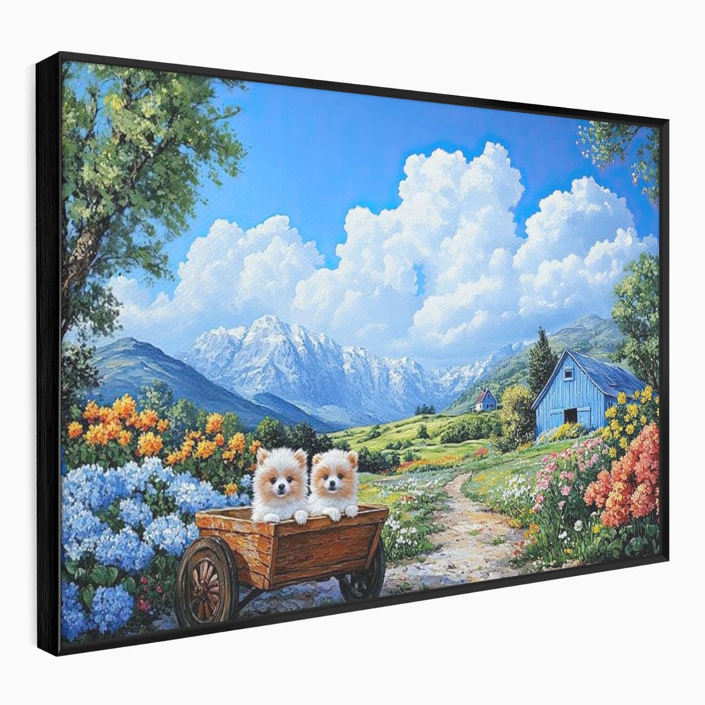 Tablou Canvas Premium, LuxCanva® M1267, Doi Drumeti Pufosi, Catei, Peisaj, Rustic, Vara, Nori, Poiana, Flori, Carare, Fericire, Prietenie, Pufosenii, Dragalas, Birou, Living, Camera Copil
