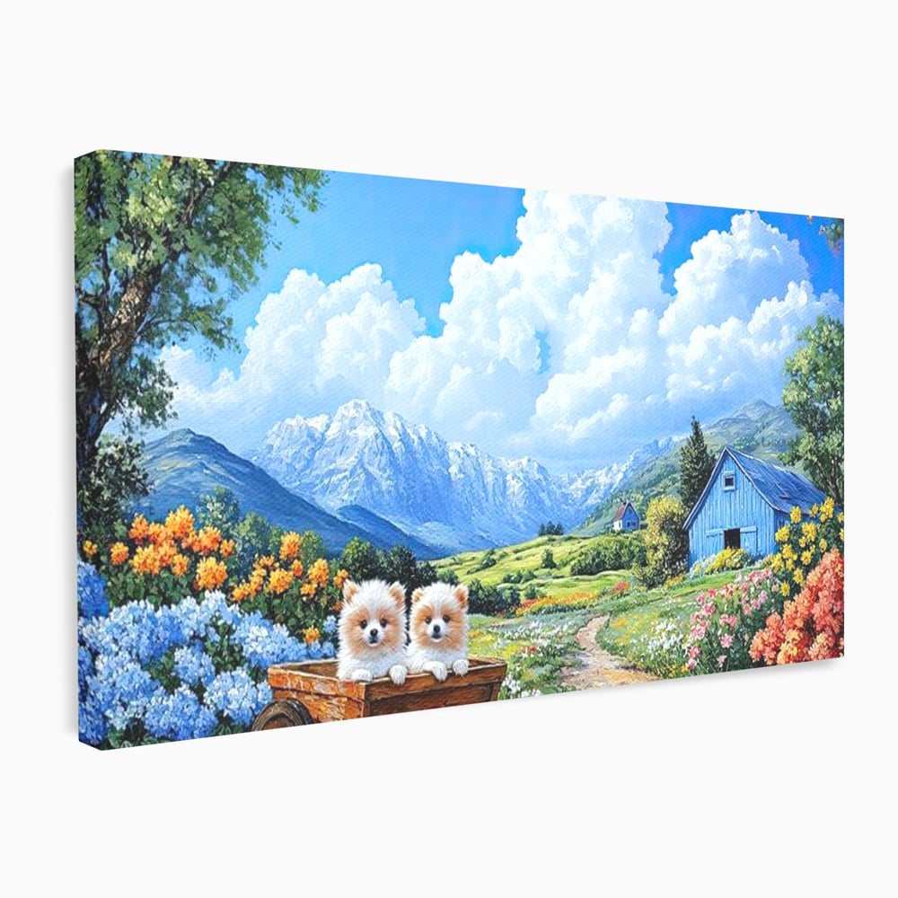 Tablou Canvas Premium, LuxCanva® M1267, Doi Drumeti Pufosi, Catei, Peisaj, Rustic, Vara, Nori, Poiana, Flori, Carare, Fericire, Prietenie, Pufosenii, Dragalas, Birou, Living, Camera Copil