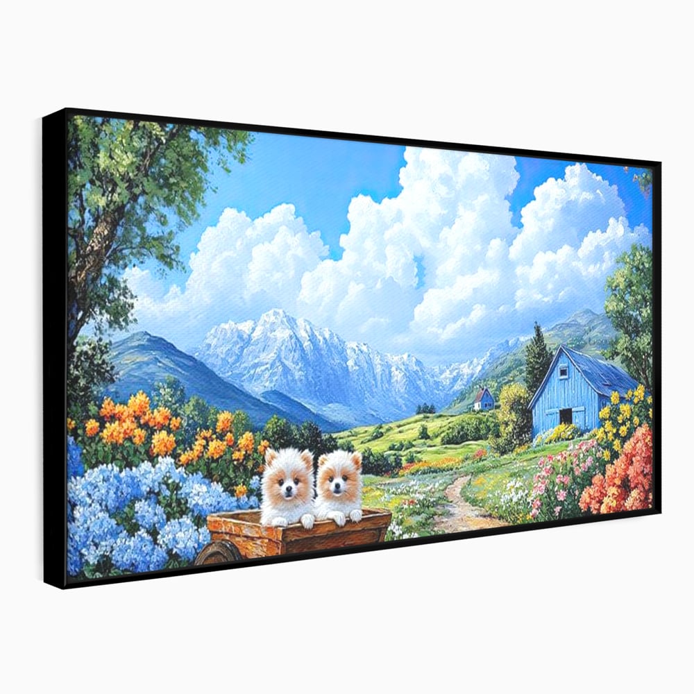 Tablou Canvas Premium, LuxCanva® M1267, Doi Drumeti Pufosi, Catei, Peisaj, Rustic, Vara, Nori, Poiana, Flori, Carare, Fericire, Prietenie, Pufosenii, Dragalas, Birou, Living, Camera Copil