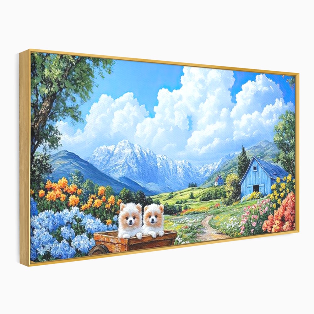 Tablou Canvas Premium, LuxCanva® M1267, Doi Drumeti Pufosi, Catei, Peisaj, Rustic, Vara, Nori, Poiana, Flori, Carare, Fericire, Prietenie, Pufosenii, Dragalas, Birou, Living, Camera Copil