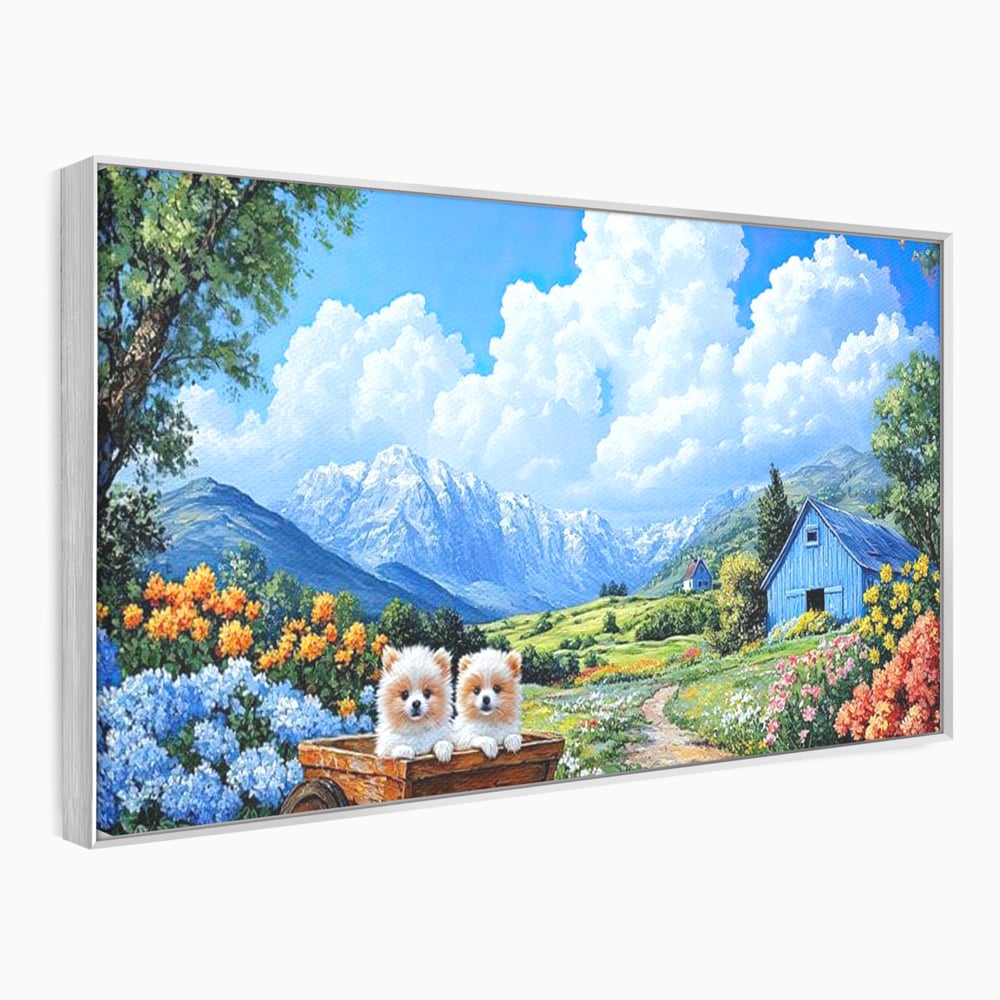 Tablou Canvas Premium, LuxCanva® M1267, Doi Drumeti Pufosi, Catei, Peisaj, Rustic, Vara, Nori, Poiana, Flori, Carare, Fericire, Prietenie, Pufosenii, Dragalas, Birou, Living, Camera Copil