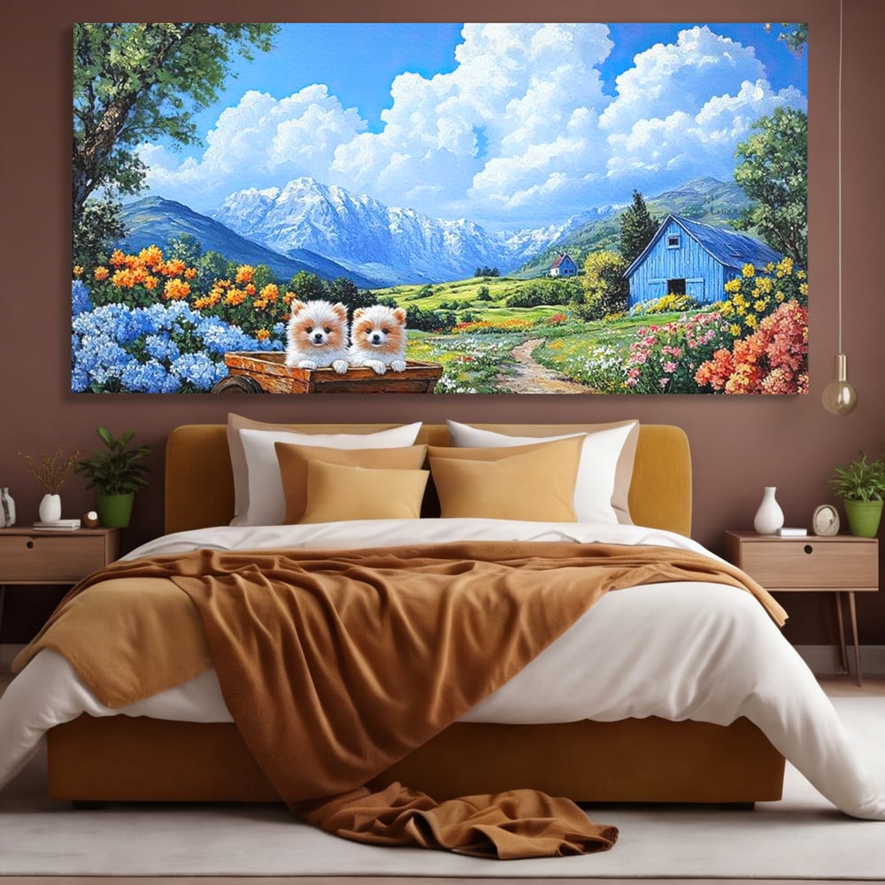 Tablou Canvas Premium, LuxCanva® M1267, Doi Drumeti Pufosi, Catei, Peisaj, Rustic, Vara, Nori, Poiana, Flori, Carare, Fericire, Prietenie, Pufosenii, Dragalas, Birou, Living, Camera Copil