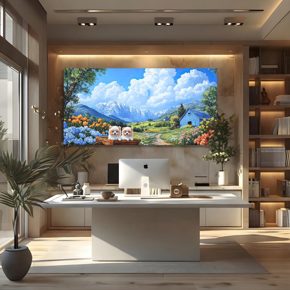 Tablou Canvas Premium, LuxCanva® M1267, Doi Drumeti Pufosi, Catei, Peisaj, Rustic, Vara, Nori, Poiana, Flori, Carare, Fericire, Prietenie, Pufosenii, Dragalas, Birou, Living, Camera Copil