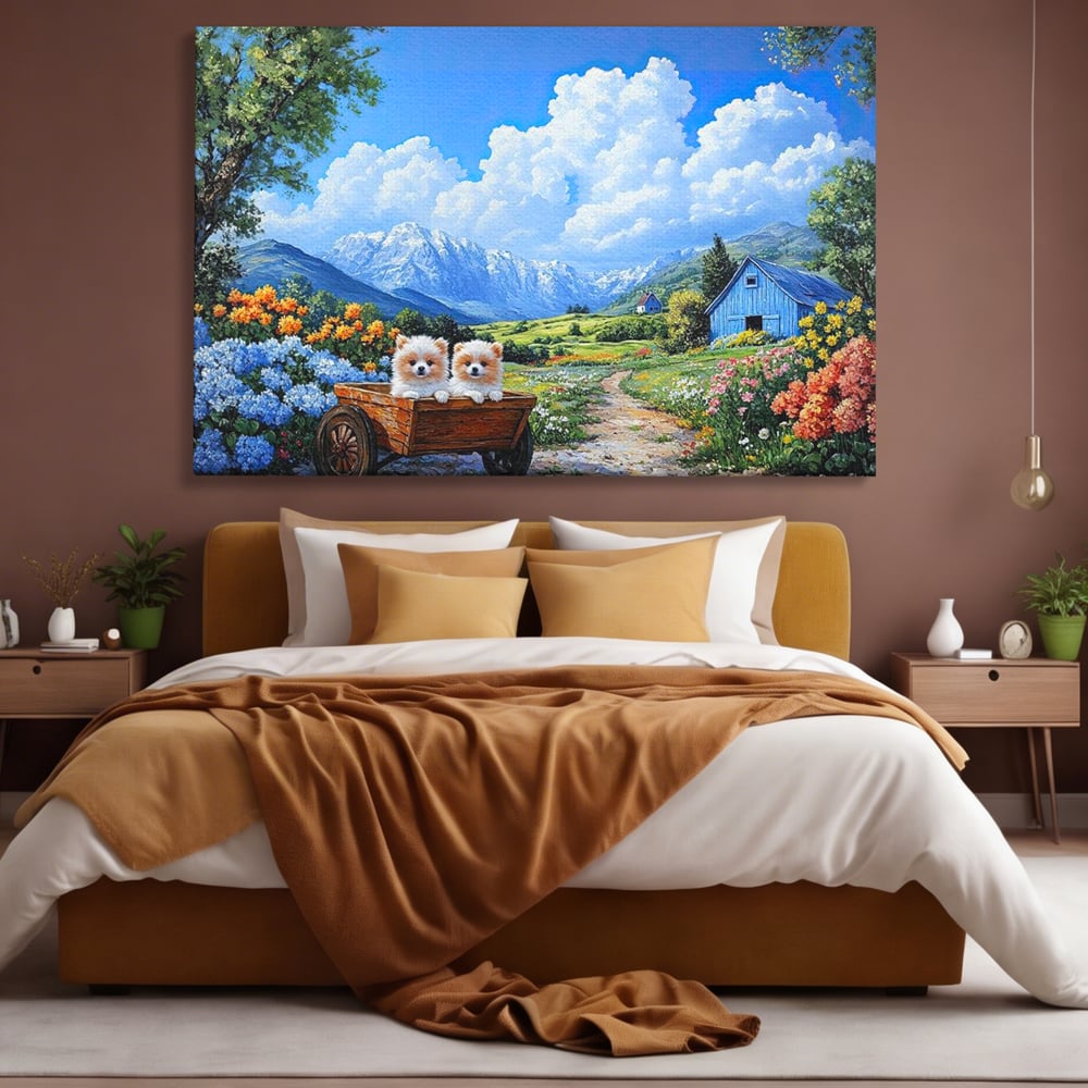 Tablou Canvas Premium, LuxCanva® M1267, Doi Drumeti Pufosi, Catei, Peisaj, Rustic, Vara, Nori, Poiana, Flori, Carare, Fericire, Prietenie, Pufosenii, Dragalas, Birou, Living, Camera Copil
