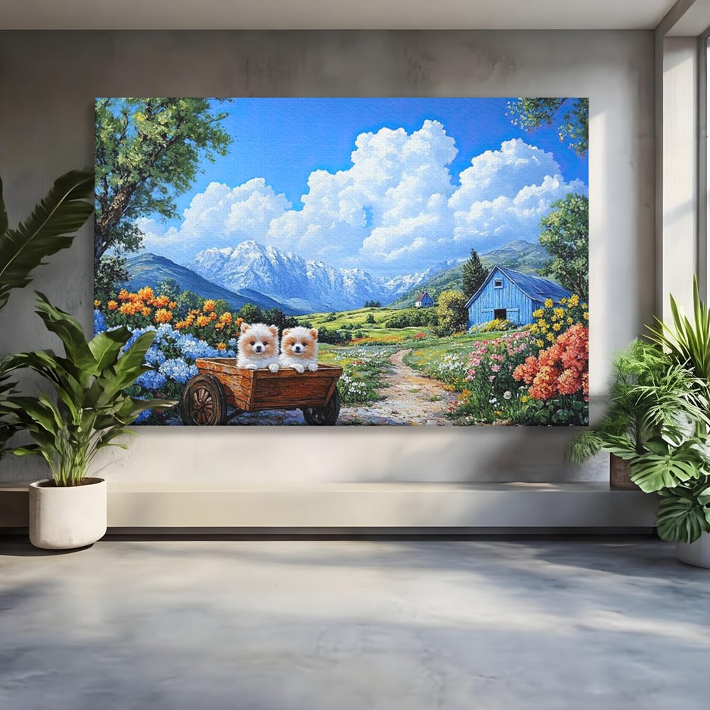 Tablou Canvas Premium, LuxCanva® M1267, Doi Drumeti Pufosi, Catei, Peisaj, Rustic, Vara, Nori, Poiana, Flori, Carare, Fericire, Prietenie, Pufosenii, Dragalas, Birou, Living, Camera Copil