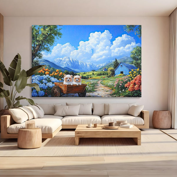 Tablou Canvas Premium, LuxCanva® M1267, Doi Drumeti Pufosi, Catei, Peisaj, Rustic, Vara, Nori, Poiana, Flori, Carare, Fericire, Prietenie, Pufosenii, Dragalas, Birou, Living, Camera Copil
