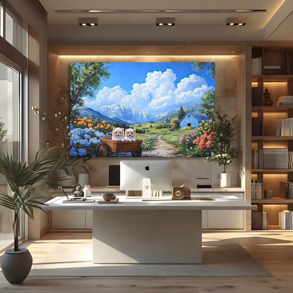 Tablou Canvas Premium, LuxCanva® M1267, Doi Drumeti Pufosi, Catei, Peisaj, Rustic, Vara, Nori, Poiana, Flori, Carare, Fericire, Prietenie, Pufosenii, Dragalas, Birou, Living, Camera Copil