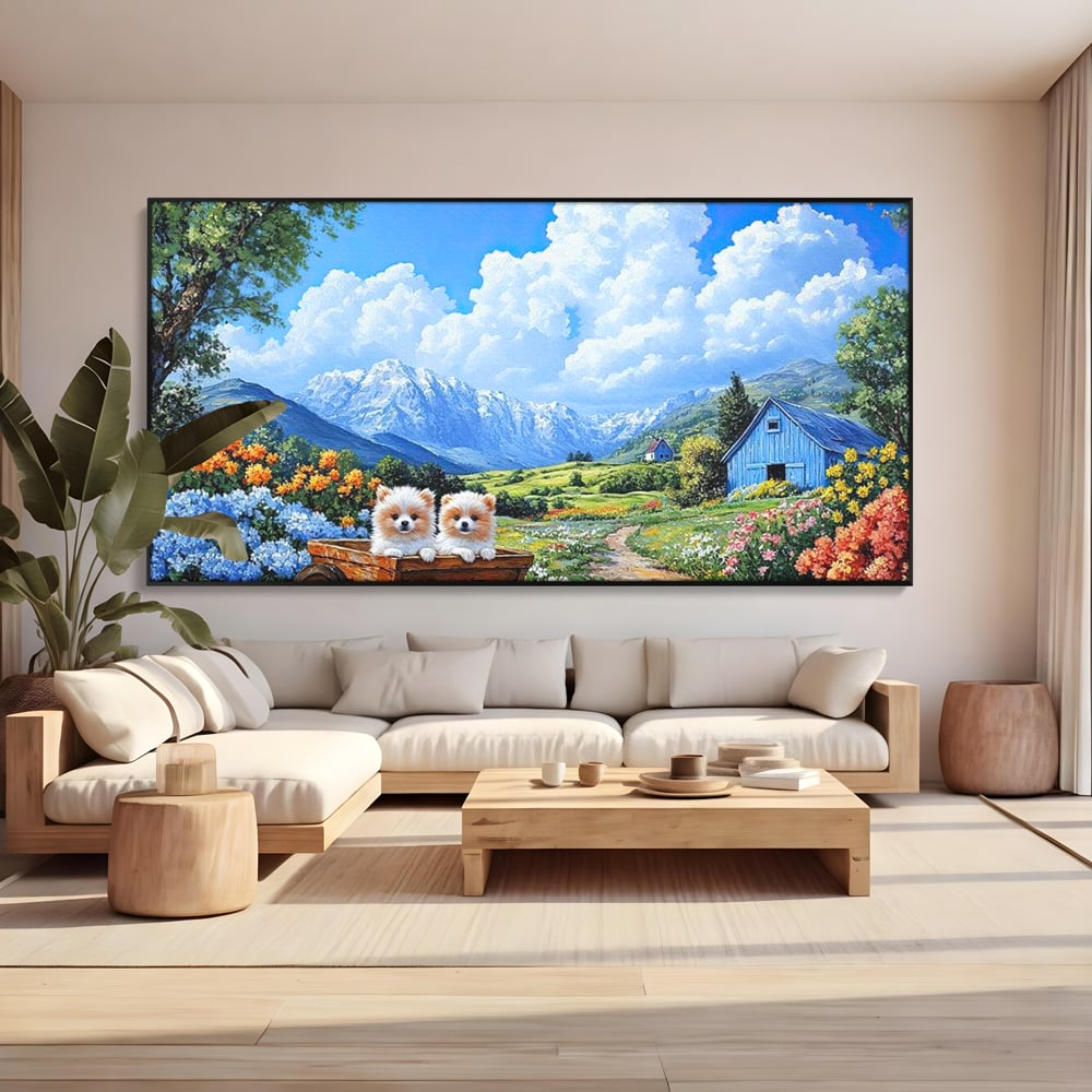 Tablou Canvas Premium, LuxCanva® M1267, Doi Drumeti Pufosi, Catei, Peisaj, Rustic, Vara, Nori, Poiana, Flori, Carare, Fericire, Prietenie, Pufosenii, Dragalas, Birou, Living, Camera Copil