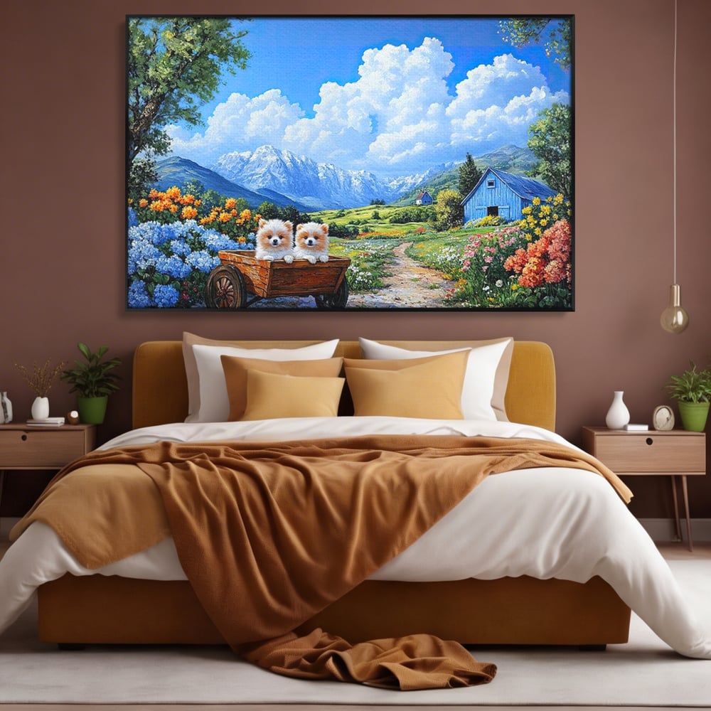 Tablou Canvas Premium, LuxCanva® M1267, Doi Drumeti Pufosi, Catei, Peisaj, Rustic, Vara, Nori, Poiana, Flori, Carare, Fericire, Prietenie, Pufosenii, Dragalas, Birou, Living, Camera Copil