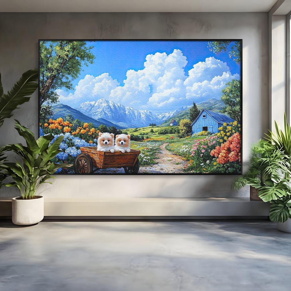 Tablou Canvas Premium, LuxCanva® M1267, Doi Drumeti Pufosi, Catei, Peisaj, Rustic, Vara, Nori, Poiana, Flori, Carare, Fericire, Prietenie, Pufosenii, Dragalas, Birou, Living, Camera Copil