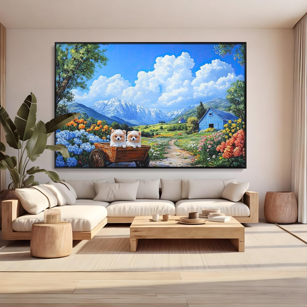 Tablou Canvas Premium, LuxCanva® M1267, Doi Drumeti Pufosi, Catei, Peisaj, Rustic, Vara, Nori, Poiana, Flori, Carare, Fericire, Prietenie, Pufosenii, Dragalas, Birou, Living, Camera Copil