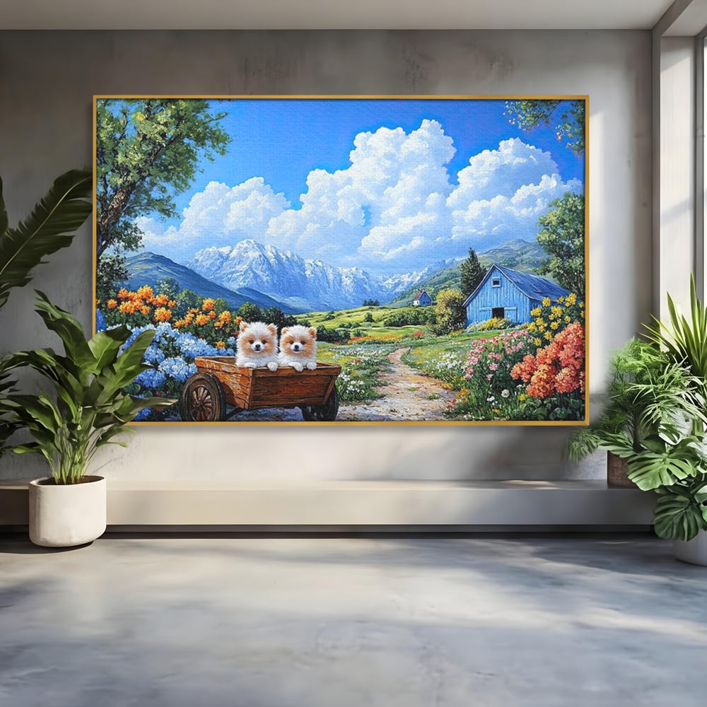 Tablou Canvas Premium, LuxCanva® M1267, Doi Drumeti Pufosi, Catei, Peisaj, Rustic, Vara, Nori, Poiana, Flori, Carare, Fericire, Prietenie, Pufosenii, Dragalas, Birou, Living, Camera Copil