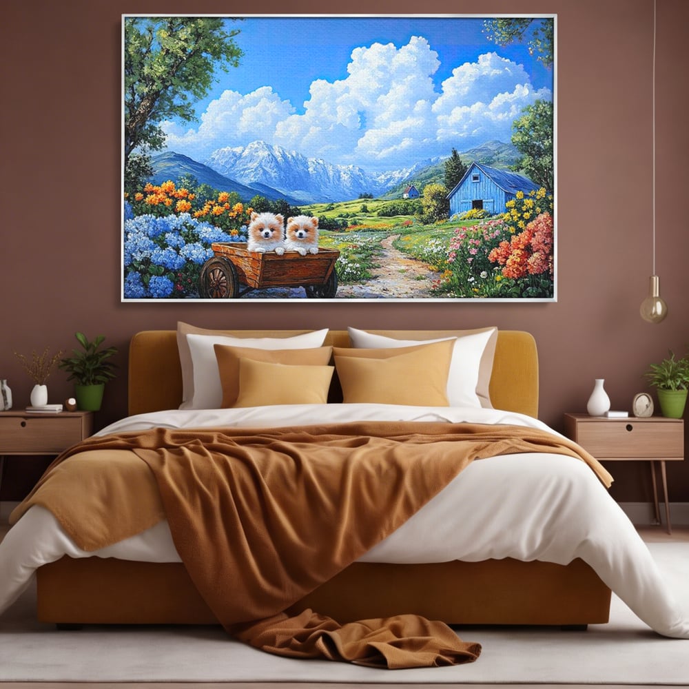 Tablou Canvas Premium, LuxCanva® M1267, Doi Drumeti Pufosi, Catei, Peisaj, Rustic, Vara, Nori, Poiana, Flori, Carare, Fericire, Prietenie, Pufosenii, Dragalas, Birou, Living, Camera Copil