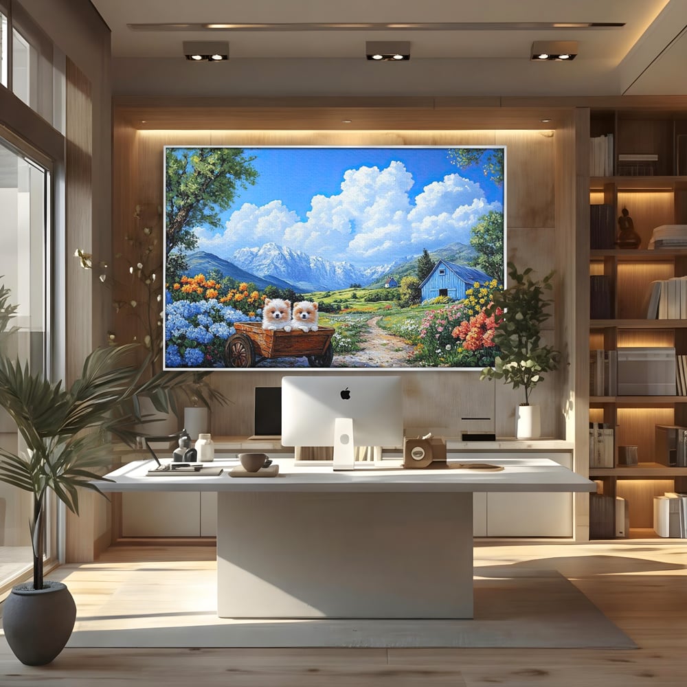 Tablou Canvas Premium, LuxCanva® M1267, Doi Drumeti Pufosi, Catei, Peisaj, Rustic, Vara, Nori, Poiana, Flori, Carare, Fericire, Prietenie, Pufosenii, Dragalas, Birou, Living, Camera Copil