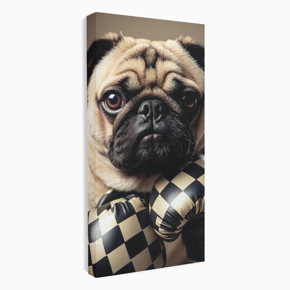 Fotoleinwand Canvas Premium, LuxCanva® M1269, Champion mit umgedrehter Schnauze, Mops, Handschuhe, Boxen, Sport, Energie, mutig, Aussehen, Kämpfer, Champion, Sieger, lustig, Portrait, Büro, Wohnen, Kinderzimmer