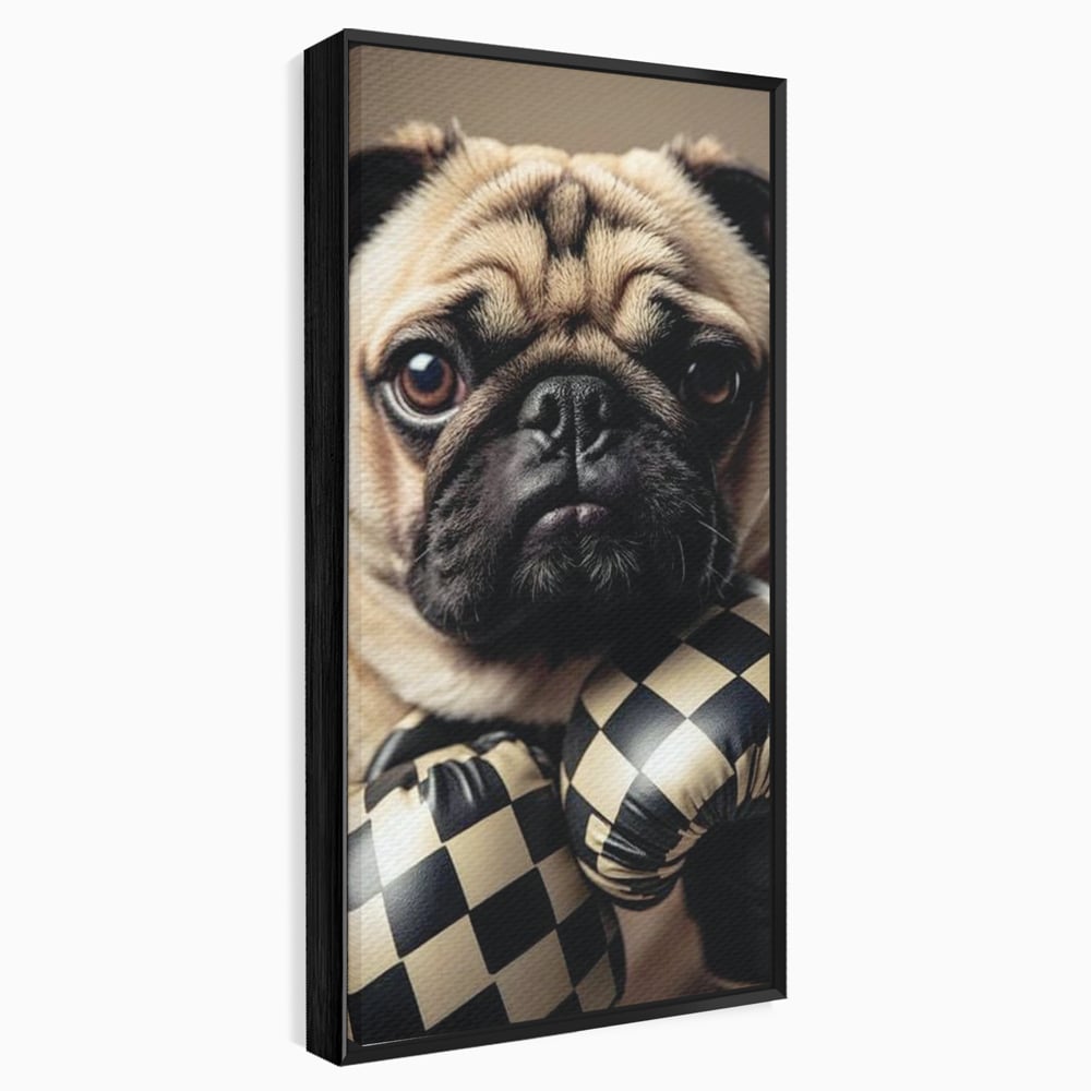 Fotoleinwand Canvas Premium, LuxCanva® M1269, Champion mit umgedrehter Schnauze, Mops, Handschuhe, Boxen, Sport, Energie, mutig, Aussehen, Kämpfer, Champion, Sieger, lustig, Portrait, Büro, Wohnen, Kinderzimmer