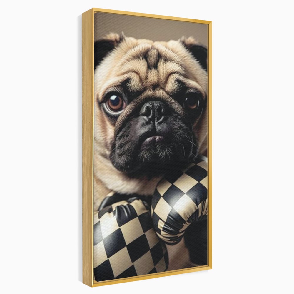 Fotoleinwand Canvas Premium, LuxCanva® M1269, Champion mit umgedrehter Schnauze, Mops, Handschuhe, Boxen, Sport, Energie, mutig, Aussehen, Kämpfer, Champion, Sieger, lustig, Portrait, Büro, Wohnen, Kinderzimmer