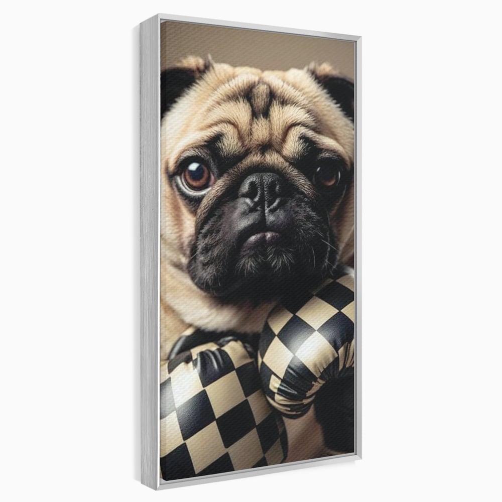 Fotoleinwand Canvas Premium, LuxCanva® M1269, Champion mit umgedrehter Schnauze, Mops, Handschuhe, Boxen, Sport, Energie, mutig, Aussehen, Kämpfer, Champion, Sieger, lustig, Portrait, Büro, Wohnen, Kinderzimmer
