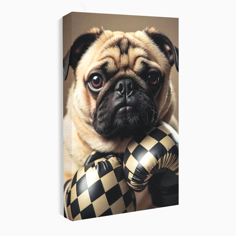 Fotoleinwand Canvas Premium, LuxCanva® M1269, Champion mit umgedrehter Schnauze, Mops, Handschuhe, Boxen, Sport, Energie, mutig, Aussehen, Kämpfer, Champion, Sieger, lustig, Portrait, Büro, Wohnen, Kinderzimmer