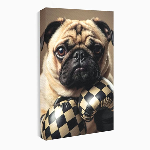 Fotoleinwand Canvas Premium, LuxCanva® M1269, Champion mit umgedrehter Schnauze, Mops, Handschuhe, Boxen, Sport, Energie, mutig, Aussehen, Kämpfer, Champion, Sieger, lustig, Portrait, Büro, Wohnen, Kinderzimmer