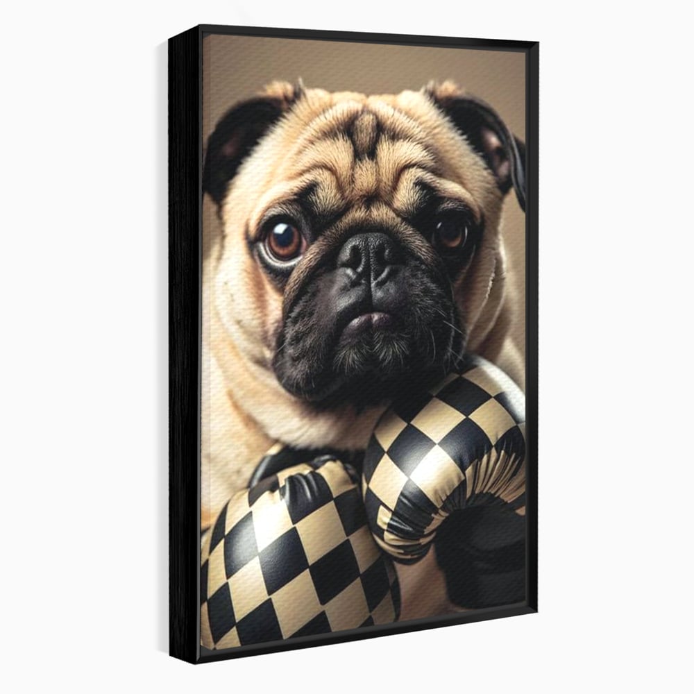 Fotoleinwand Canvas Premium, LuxCanva® M1269, Champion mit umgedrehter Schnauze, Mops, Handschuhe, Boxen, Sport, Energie, mutig, Aussehen, Kämpfer, Champion, Sieger, lustig, Portrait, Büro, Wohnen, Kinderzimmer