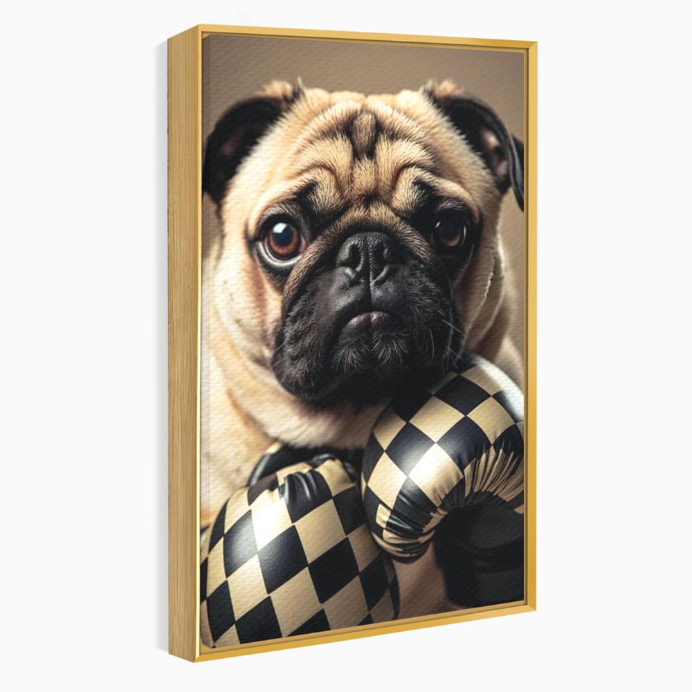 Fotoleinwand Canvas Premium, LuxCanva® M1269, Champion mit umgedrehter Schnauze, Mops, Handschuhe, Boxen, Sport, Energie, mutig, Aussehen, Kämpfer, Champion, Sieger, lustig, Portrait, Büro, Wohnen, Kinderzimmer