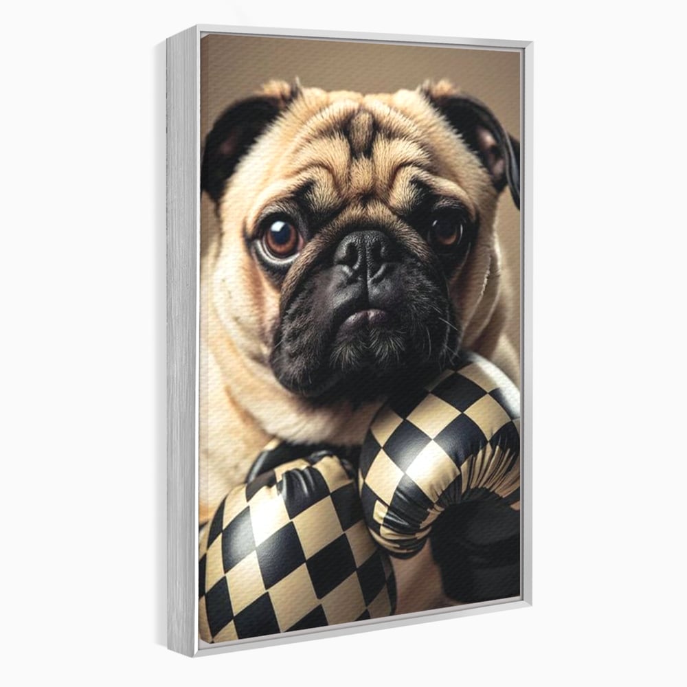 Fotoleinwand Canvas Premium, LuxCanva® M1269, Champion mit umgedrehter Schnauze, Mops, Handschuhe, Boxen, Sport, Energie, mutig, Aussehen, Kämpfer, Champion, Sieger, lustig, Portrait, Büro, Wohnen, Kinderzimmer