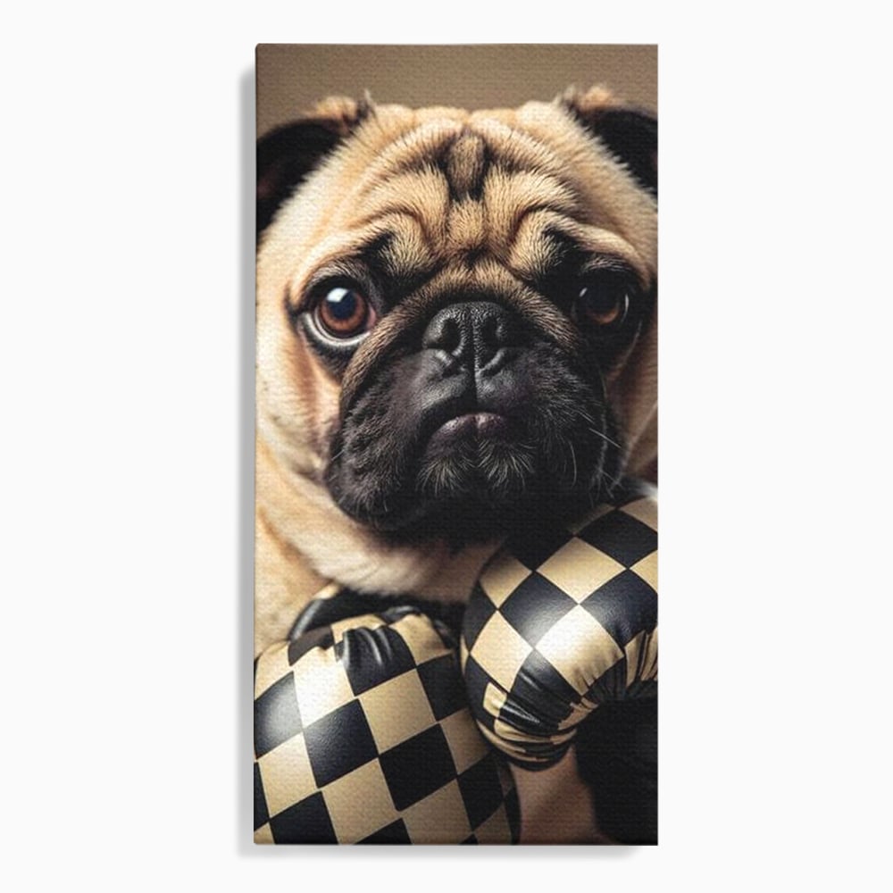Fotoleinwand Canvas Premium, LuxCanva® M1269, Champion mit umgedrehter Schnauze, Mops, Handschuhe, Boxen, Sport, Energie, mutig, Aussehen, Kämpfer, Champion, Sieger, lustig, Portrait, Büro, Wohnen, Kinderzimmer