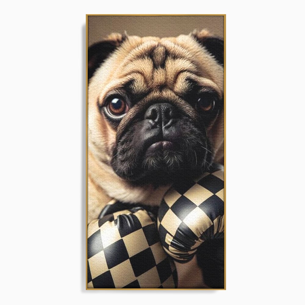 Fotoleinwand Canvas Premium, LuxCanva® M1269, Champion mit umgedrehter Schnauze, Mops, Handschuhe, Boxen, Sport, Energie, mutig, Aussehen, Kämpfer, Champion, Sieger, lustig, Portrait, Büro, Wohnen, Kinderzimmer