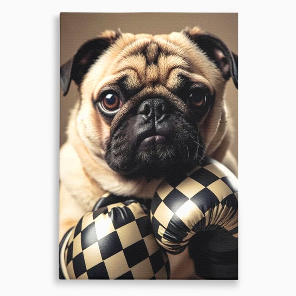 Fotoleinwand Canvas Premium, LuxCanva® M1269, Champion mit umgedrehter Schnauze, Mops, Handschuhe, Boxen, Sport, Energie, mutig, Aussehen, Kämpfer, Champion, Sieger, lustig, Portrait, Büro, Wohnen, Kinderzimmer