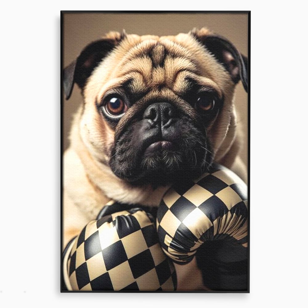 Fotoleinwand Canvas Premium, LuxCanva® M1269, Champion mit umgedrehter Schnauze, Mops, Handschuhe, Boxen, Sport, Energie, mutig, Aussehen, Kämpfer, Champion, Sieger, lustig, Portrait, Büro, Wohnen, Kinderzimmer