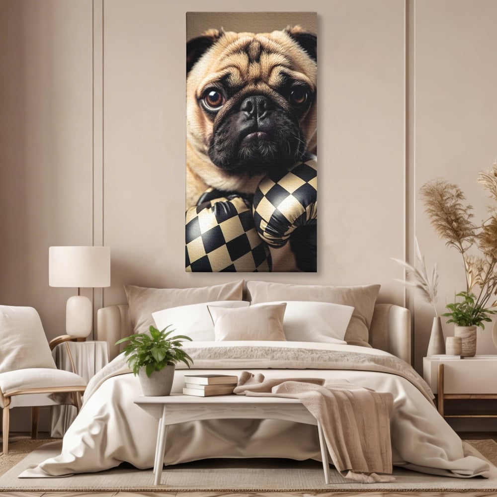 Fotoleinwand Canvas Premium, LuxCanva® M1269, Champion mit umgedrehter Schnauze, Mops, Handschuhe, Boxen, Sport, Energie, mutig, Aussehen, Kämpfer, Champion, Sieger, lustig, Portrait, Büro, Wohnen, Kinderzimmer