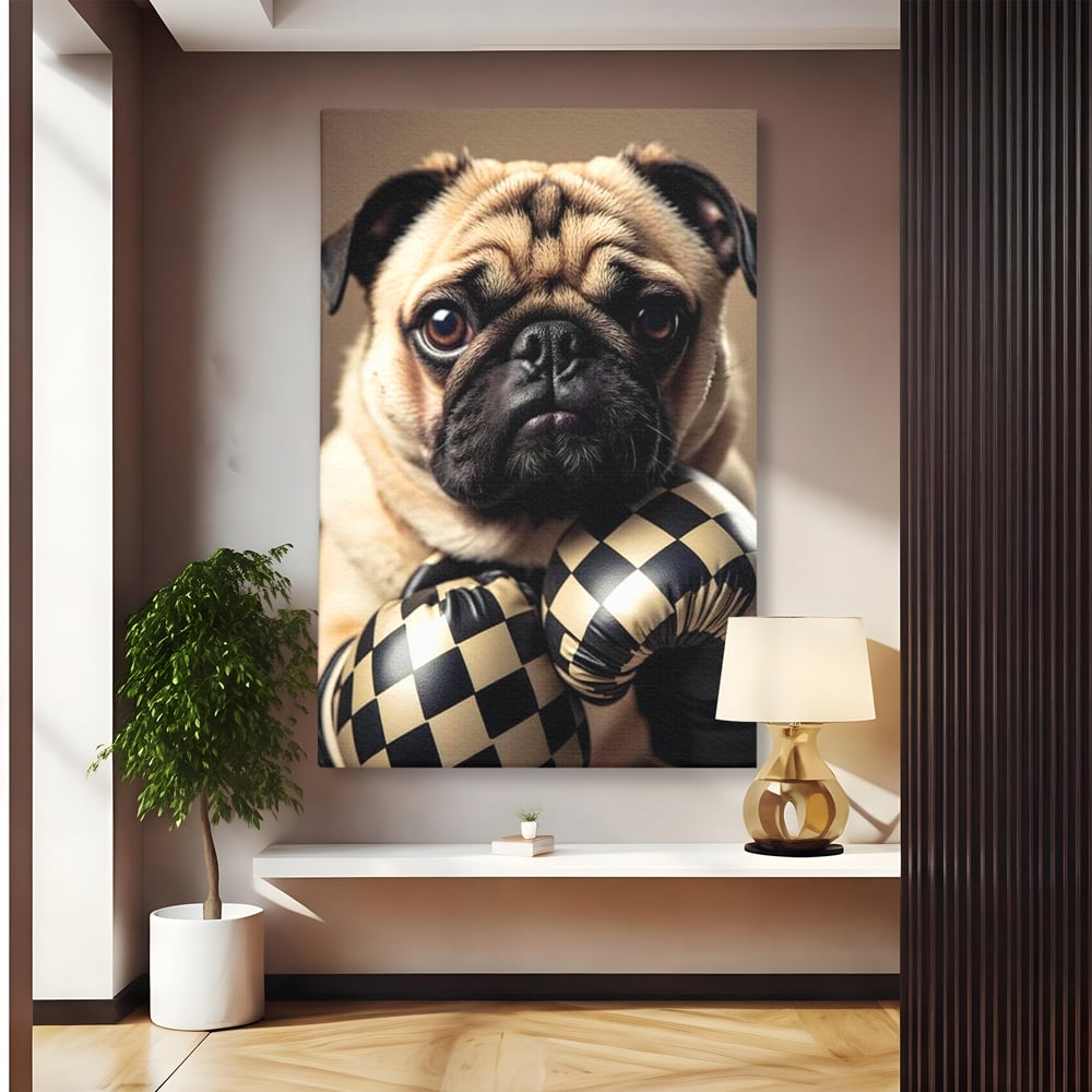 Fotoleinwand Canvas Premium, LuxCanva® M1269, Champion mit umgedrehter Schnauze, Mops, Handschuhe, Boxen, Sport, Energie, mutig, Aussehen, Kämpfer, Champion, Sieger, lustig, Portrait, Büro, Wohnen, Kinderzimmer