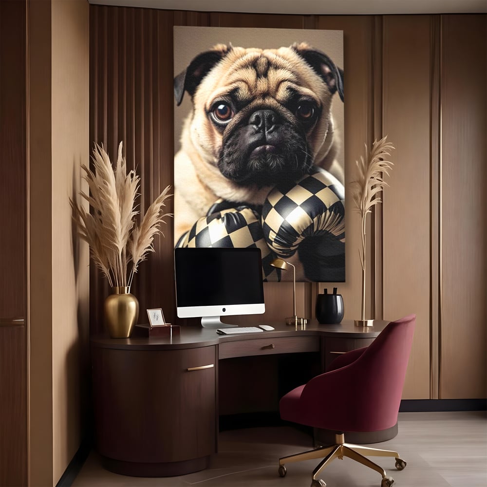 Fotoleinwand Canvas Premium, LuxCanva® M1269, Champion mit umgedrehter Schnauze, Mops, Handschuhe, Boxen, Sport, Energie, mutig, Aussehen, Kämpfer, Champion, Sieger, lustig, Portrait, Büro, Wohnen, Kinderzimmer