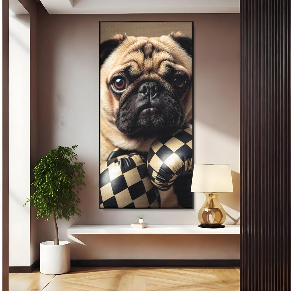 Fotoleinwand Canvas Premium, LuxCanva® M1269, Champion mit umgedrehter Schnauze, Mops, Handschuhe, Boxen, Sport, Energie, mutig, Aussehen, Kämpfer, Champion, Sieger, lustig, Portrait, Büro, Wohnen, Kinderzimmer