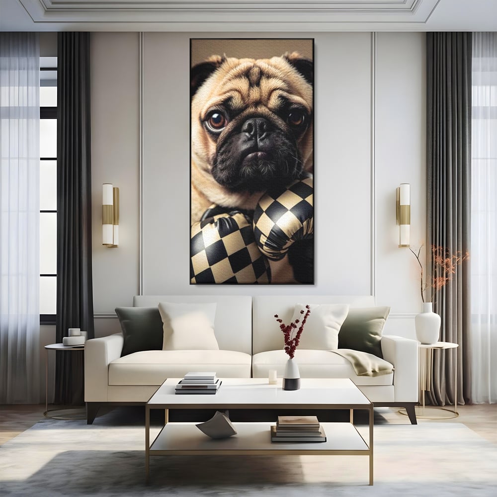 Fotoleinwand Canvas Premium, LuxCanva® M1269, Champion mit umgedrehter Schnauze, Mops, Handschuhe, Boxen, Sport, Energie, mutig, Aussehen, Kämpfer, Champion, Sieger, lustig, Portrait, Büro, Wohnen, Kinderzimmer