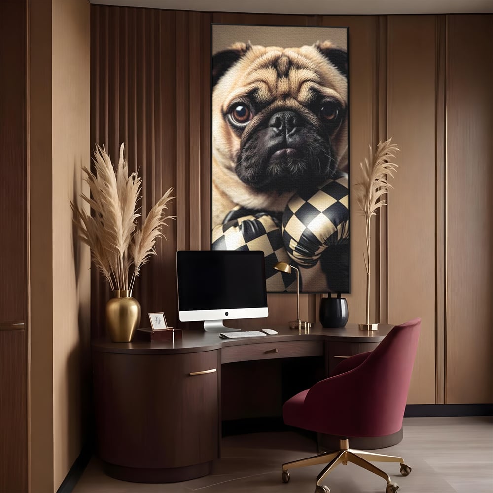 Fotoleinwand Canvas Premium, LuxCanva® M1269, Champion mit umgedrehter Schnauze, Mops, Handschuhe, Boxen, Sport, Energie, mutig, Aussehen, Kämpfer, Champion, Sieger, lustig, Portrait, Büro, Wohnen, Kinderzimmer