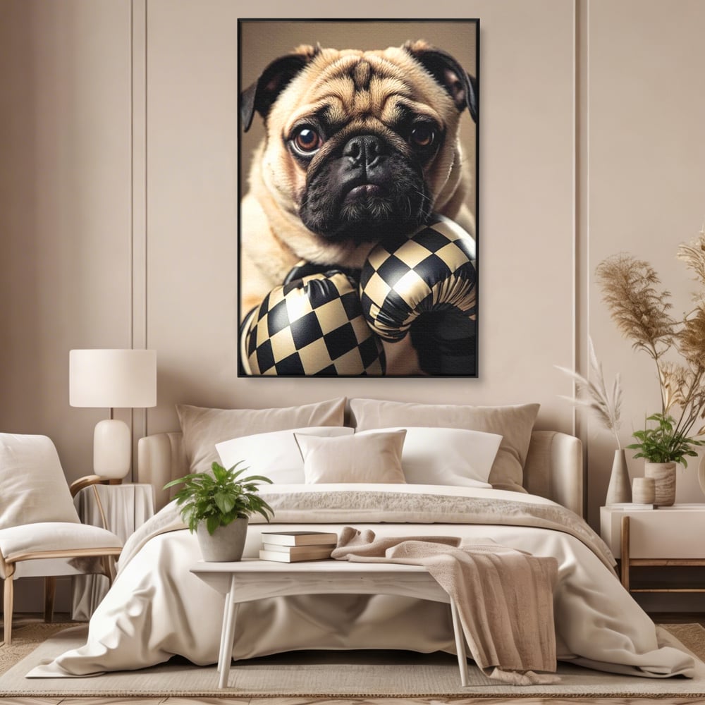 Fotoleinwand Canvas Premium, LuxCanva® M1269, Champion mit umgedrehter Schnauze, Mops, Handschuhe, Boxen, Sport, Energie, mutig, Aussehen, Kämpfer, Champion, Sieger, lustig, Portrait, Büro, Wohnen, Kinderzimmer