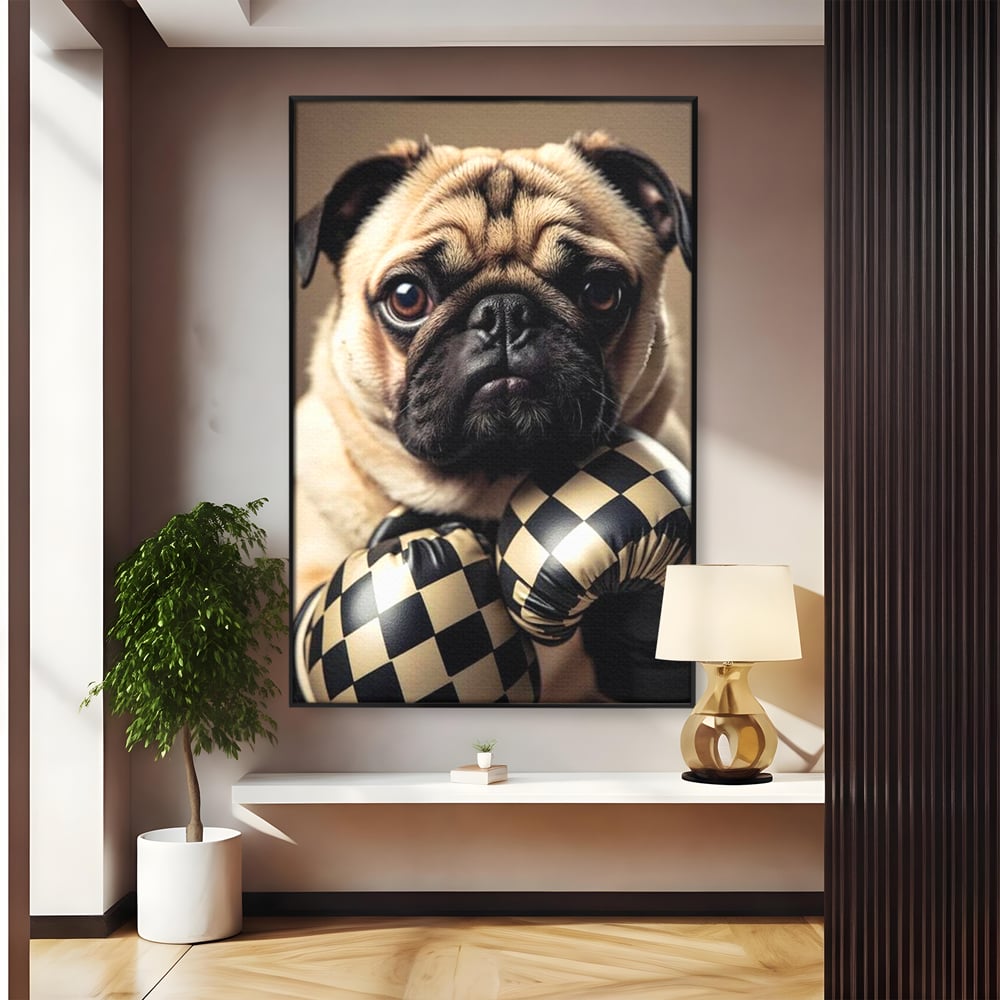 Fotoleinwand Canvas Premium, LuxCanva® M1269, Champion mit umgedrehter Schnauze, Mops, Handschuhe, Boxen, Sport, Energie, mutig, Aussehen, Kämpfer, Champion, Sieger, lustig, Portrait, Büro, Wohnen, Kinderzimmer
