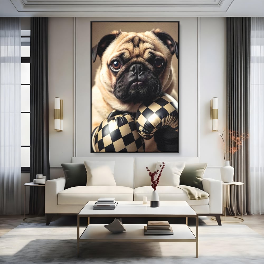 Fotoleinwand Canvas Premium, LuxCanva® M1269, Champion mit umgedrehter Schnauze, Mops, Handschuhe, Boxen, Sport, Energie, mutig, Aussehen, Kämpfer, Champion, Sieger, lustig, Portrait, Büro, Wohnen, Kinderzimmer