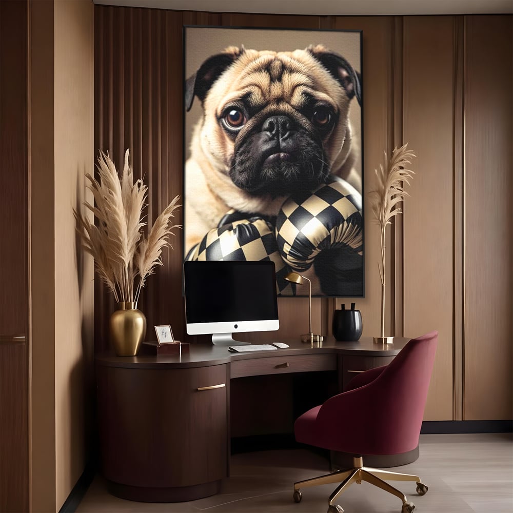 Fotoleinwand Canvas Premium, LuxCanva® M1269, Champion mit umgedrehter Schnauze, Mops, Handschuhe, Boxen, Sport, Energie, mutig, Aussehen, Kämpfer, Champion, Sieger, lustig, Portrait, Büro, Wohnen, Kinderzimmer