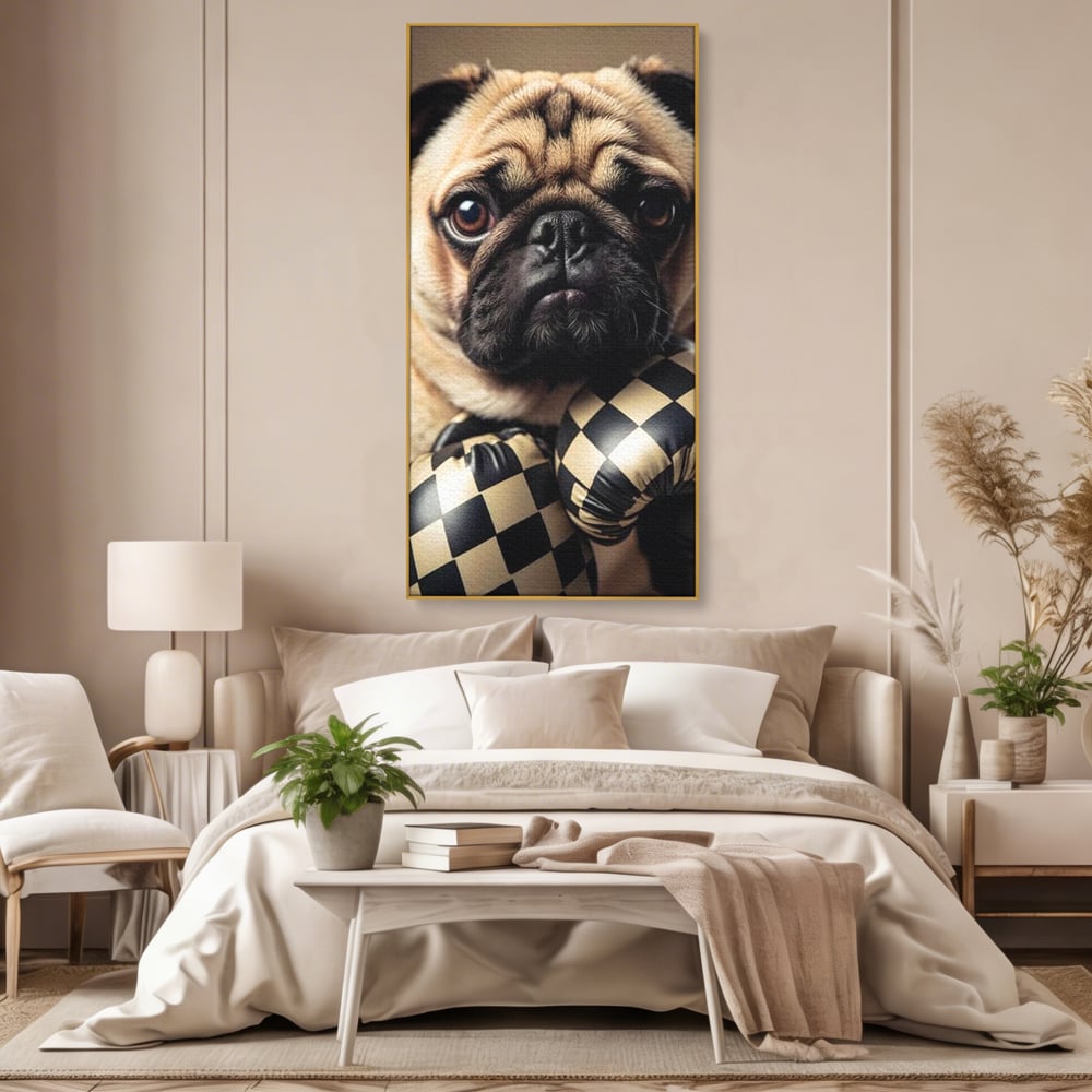 Fotoleinwand Canvas Premium, LuxCanva® M1269, Champion mit umgedrehter Schnauze, Mops, Handschuhe, Boxen, Sport, Energie, mutig, Aussehen, Kämpfer, Champion, Sieger, lustig, Portrait, Büro, Wohnen, Kinderzimmer