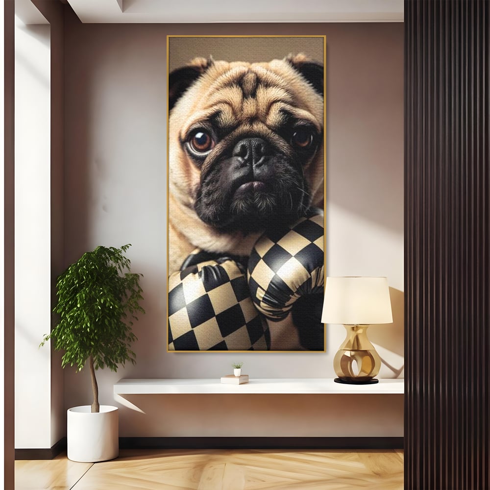 Fotoleinwand Canvas Premium, LuxCanva® M1269, Champion mit umgedrehter Schnauze, Mops, Handschuhe, Boxen, Sport, Energie, mutig, Aussehen, Kämpfer, Champion, Sieger, lustig, Portrait, Büro, Wohnen, Kinderzimmer